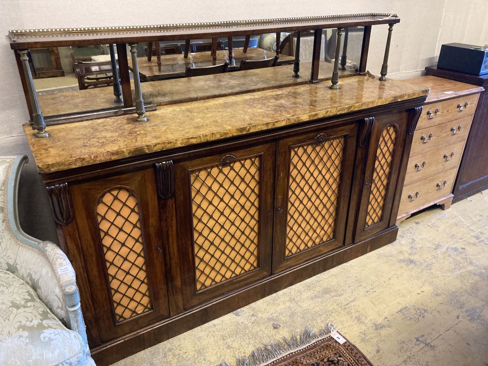 A William IV rosewood marble topped side cabinet, width 184cm, depth 45cm, height 129cm